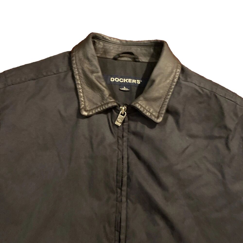 Dockers Bomber Jacket Men’s Size Large Leather Collar Full Zip Black